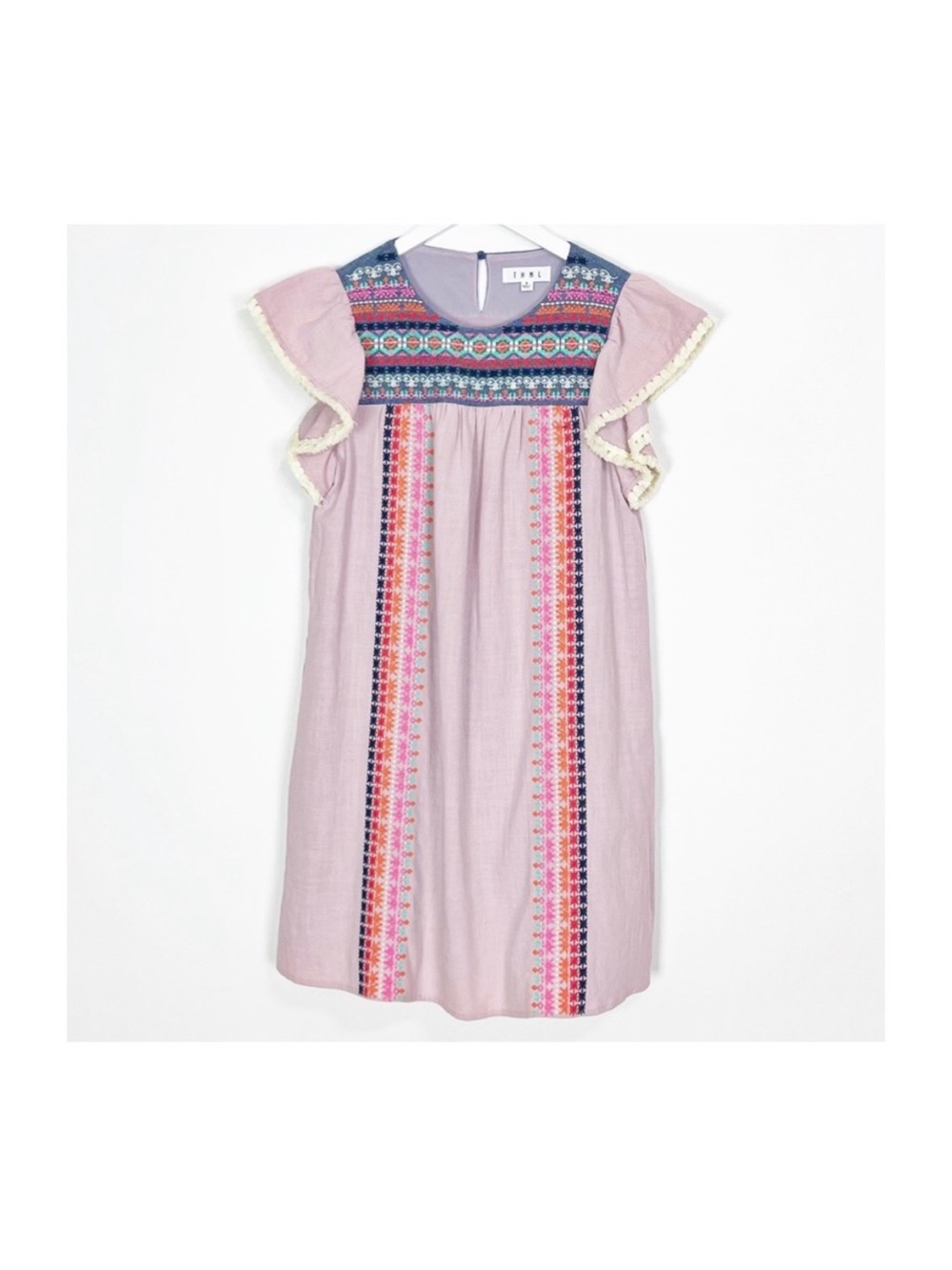 EUC THML Pink Embroidered Flutter-Sleeve Dress Small